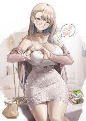 Rule 34 | 1girl, absurdres, bag, bare shoulders, black choker, blonde hair, blue eyes, blue hair, blush, breasts, choker, cleavage, collarbone, ear piercing, fuyuyama asako, glasses, gyaru, heart, heart-shaped boob challenge, heart hands, highres, jewelry, kogal, kuse (0201), large breasts, long hair, looking at viewer, magazine (object), necklace, off shoulder, one eye closed, original, parted lips, pencil skirt, piercing, pillow, shiny skin, sitting, skirt, smile, snowflakes, solo, teacher, teeth, thighs, very long hair, white background