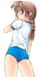 Rule 34 | 1girl, artist request, ass, black eyes, blue buruma, blush, braid, brown hair, buruma, character request, from behind, glasses, gym uniform, long hair, looking at viewer, looking back, open mouth, shirt, short sleeves, standing, white background, white shirt