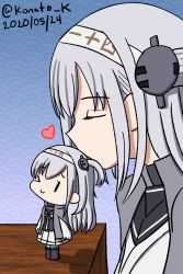 Rule 34 | &gt; o, artist request, dated, hachimaki, hairband, headband, highres, kantai collection, kiss, long hair, mini person, minigirl, one eye closed, side ponytail, smile, suzutsuki (kancolle), table, twitter username, white hair, white hairband