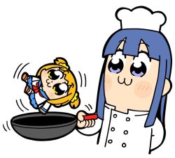 Rule 34 | 2girls, :3, arm behind back, bkub, blue eyes, blue hair, blue sailor collar, blue skirt, blush, chef, chef hat, commentary, hair ornament, hair scrunchie, hat, holding, light blush, motion lines, multiple girls, neckerchief, orange hair, pipimi, poptepipic, popuko, red neckerchief, sailor collar, school uniform, scrunchie, serafuku, shirt, shoes, short twintails, sidelocks, simple background, skirt, twintails, two side up, white background, white shirt, yellow eyes, yellow scrunchie