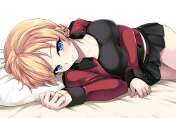 Rule 34 | 1girl, bed sheet, black skirt, blonde hair, blue eyes, blush, braid, breasts, coat, darjeeling (girls und panzer), girls und panzer, kasai shin, large breasts, looking at viewer, lying, on side, open clothes, open coat, pillow, pleated skirt, short hair, simple background, skirt, smile, solo, st. gloriana&#039;s military uniform, twin braids, white background