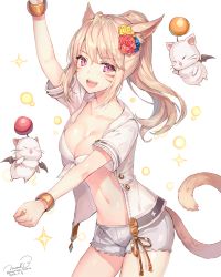 Rule 34 | 10s, 1girl, 2016, :d, animal ears, arm up, warrior of light (ff14), bikini, bikini top only, blonde hair, blue flower, blush, bracelet, breasts, buttons, cat ears, cat girl, cleavage, collarbone, cowboy shot, dancing, dated, eyebrows, facial mark, fang, final fantasy, final fantasy xiv, flower, flying, grey shorts, hair flower, hair intakes, hair ornament, highres, jewelry, long hair, looking at viewer, medium breasts, miqo&#039;te, momoko (momopoco), moogle, navel, open clothes, open mouth, open shirt, ponytail, purple eyes, red flower, shiny skin, shirt, short shorts, shorts, simple background, slit pupils, smile, solo focus, stomach, swimsuit, tail, tareme, teeth, twitter username, white background, white shirt, yellow flower