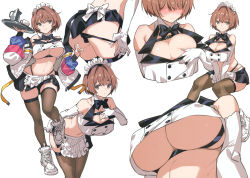 Rule 34 | 1girl, absurdres, apron, ass, black neckwear, black panties, black thighhighs, blush, bow, bowtie, breasts, brown hair, cleavage, covered erect nipples, cup, elbow gloves, gloves, highleg, highleg panties, highres, holding, huge breasts, jacket, maid headdress, multiple views, navel, non-web source, off shoulder, original, panties, panty pull, saitou masatsugu, scan, shoes, simple background, sitting, skirt, sleeveless, sneakers, thighhighs, tray, underboob, underwear, waist apron, white background, white footwear, white gloves