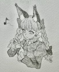 Rule 34 | 1girl, animal ears, bow, braid, cat ears, cat girl, closed mouth, commentary request, extra ears, greyscale, hair bow, hand in own hair, highres, juliet sleeves, kaenbyou rin, long sleeves, monochrome, musical note, puffy sleeves, side braids, simple background, solo, tenkatorouze, touhou, traditional media, twin braids, upper body