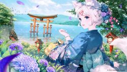 Rule 34 | 1girl, andychen, animal ear fluff, bug, butterfly, day, flower, insect, lake, meridian project, mizuki (vtuber), official art, outdoors, petals, plant, purple flower, solo, tree, virtual youtuber