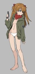 Rule 34 | ..., 1girl, barefoot, blue eyes, breasts, brown hair, choker, cleavage, evangelion: 3.0+1.0 thrice upon a time, eyepatch, female focus, full body, green jacket, grey background, gun, hair ornament, highres, holding, holding gun, holding weapon, jacket, long hair, looking to the side, medium breasts, navel, neon genesis evangelion, no bra, open clothes, open jacket, panties, rebuild of evangelion, simple background, solo, souryuu asuka langley, standing, thighs, underwear, undressing, unihotate0329, weapon, white panties, wide hips
