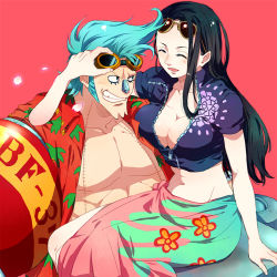 Rule 34 | 1boy, 1girl, bad id, bad pixiv id, black hair, blue eyes, blue hair, blush, bottle, breast on chest, breast press, breasts, bursting breasts, center opening, cleavage, closed eyes, collarbone, couple, crop top, cyborg, extra arms, eyewear on head, floral print, flower, franky (one piece), glasses, goggles, goggles on head, grin, guttary, hair slicked back, hana hana no mi, happy, hawaiian shirt, hetero, long hair, looking at another, lowleg, midriff, muscular, navel, nico robin, no bra, one piece, open clothes, open mouth, open shirt, petals, pink background, pink skirt, pompadour, purple shirt, red background, revealing clothes, sabaody archipelago, sarong, scar, shirt, short hair, short sleeves, shueisha, side slit, simple background, sitting, sitting on person, skirt, smile, spiked hair, sunglasses, teeth, unzipped, zipper
