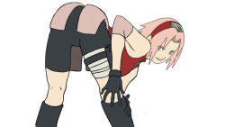 Rule 34 | artist request, ass, bent over, from behind, green eyes, haruno sakura, looking back, naruto, naruto (series), pink hair, short hair, simple background, smile