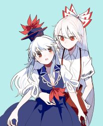 Rule 34 | 2girls, arm around waist, blue background, blue dress, blue hair, bow, breasts, cleavage, dress, fujiwara no mokou, hair bow, hand in pocket, itomugi-kun, kamishirasawa keine, long hair, medium breasts, multicolored hair, multiple girls, open mouth, pants, red bow, red eyes, red pants, shirt, short sleeves, simple background, suspenders, torn clothes, torn sleeves, touhou, two-tone hair, upper body, white bow, white hair, white shirt, wrist cuffs