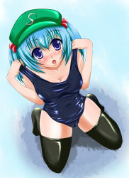 Rule 34 | 1girl, :o, absurdres, aqua hair, bad id, bad pixiv id, blue eyes, blush, breasts, cameltoe, cleavage, female focus, hair bobbles, hair ornament, hat, highres, kawashiro nitori, kneeling, one-piece swimsuit, school swimsuit, solo, strap lift, swimsuit, tera hiroshi, thighhighs, touhou