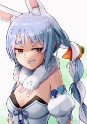 Rule 34 | 1girl, :d, animal ear fluff, animal ears, bad id, bad pixiv id, bare shoulders, blue hair, braid, breasts, brown eyes, carrot hair ornament, commentary, detached sleeves, don-chan (usada pekora), extra ears, food-themed hair ornament, gradient background, green background, grin, hair ornament, hololive, hololive fantasy, jitome, leotard, long hair, looking at viewer, medium breasts, multicolored hair, naughty face, open mouth, puffy sleeves, rabbit ears, rabbit girl, samohan, scarf, smile, smug, solo, thick eyebrows, twin braids, two-tone hair, upper body, usada pekora, usada pekora (1st costume), virtual youtuber, white background, white hair