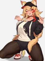 Rule 34 | 1girl, ;d, animal ear fluff, animal ears, baseball cap, black choker, black pantyhose, black shorts, blonde hair, breasts, choker, claw pose, ears through headwear, hair ornament, hairclip, hat, highres, hololive, large breasts, long hair, long sleeves, looking at viewer, multicolored hair, one eye closed, ookami mio, ookami mio (casual), open mouth, pantyhose, puffy long sleeves, puffy sleeves, red hair, red nails, shoes, short shorts, shorts, simple background, smile, solo, squatting, streaked hair, tail, two-tone hoodie, varniskarnis, very long hair, virtual youtuber, white background, white footwear, wolf ears, wolf tail