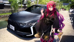 Rule 34 | 1girl, black kimono, blue eyes, building, car, day, ds (brand), flower, gradient hair, hairband, heterochromia, highres, holding, holding flower, hololive, hololive english, horns, irys (hololive), japanese clothes, kimono, motor vehicle, multicolored hair, nail polish, outdoors, photo background, pink eyes, purple hair, red hair, red nails, virtual youtuber, you&#039;a, yukata