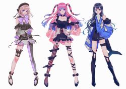 Rule 34 | 3girls, amatsuki koyomi, asymmetrical legwear, black footwear, black hair, blue eyes, blue hair, boots, bow, bracelet, choker, earrings, epitamago, full body, gradient hair, grey hair, hanaizumi joa, hand on own hip, highres, jewelry, long hair, looking at viewer, medium hair, multicolored hair, multiple girls, o-ring, o-ring choker, pantyhose, parted lips, pink hair, purple bow, purple eyes, ritao kamo, shadow, shoes, simple background, single thighhigh, smile, standing, striped bow, striped clothes, striped legwear, striped pantyhose, thighhighs, twintails, twitter username, v-wave project, vertical-striped clothes, vertical-striped pantyhose, virtual youtuber, white background