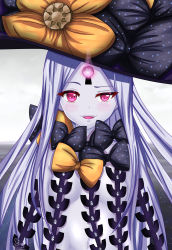 Rule 34 | 1girl, abigail williams (fate), abigail williams (third ascension) (fate), absurdres, arms behind back, bare shoulders, black bow, black hat, blush, bow, breasts, colored skin, fate/grand order, fate (series), forehead, frosver, glowing, glowing eye, hat, highres, keyhole, long hair, multiple bows, navel, open mouth, orange bow, parted bangs, pink eyes, revealing clothes, skull print, small breasts, smile, solo, star (symbol), star print, stuffed animal, stuffed toy, teddy bear, third eye, white hair, white skin, witch hat