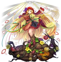 1girl aged_up aki_minoriko alternate_hair_length alternate_hairstyle apple blonde_hair breasts dress flower food frilled_dress frills fruit full_body game_cg grape_vine highres juliet_sleeves large_breasts long_hair long_sleeves looking_at_viewer official_art orange_eyes plant_roots puffy_sleeves pumpkin rotte_(1109) solo third-party_source touhou touhou_lostword transparent_background very_long_hair wide_sleeves