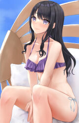 Rule 34 | 1girl, arms between legs, bikini, black hair, blue sky, blush, breasts, cleavage, collarbone, feet out of frame, highres, idolmaster, idolmaster shiny colors, kazano hiori, light smile, looking at viewer, medium breasts, mismatched bikini, mole, mole under mouth, mossan (mossan-777), purple eyes, side-tie bikini bottom, sitting, sky, solo, swimsuit
