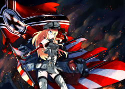 Rule 34 | &gt;:(, 10s, 1girl, armband, bare shoulders, bismarck (kancolle), blonde hair, blue eyes, breasts, burnt clothes, cannon, cat, cross, daizan (mount position), damaged, elbow gloves, fire, flag, frown, gloves, hand on headwear, hat, highres, holding, iron cross, japanese flag, kantai collection, kriegsmarine flag, long hair, military, military uniform, nazi, night, night sky, outdoors, peaked cap, personification, rising sun flag, sky, sleeveless, smoke, solo, sunburst, thighhighs, torn clothes, torn gloves, torn thighhighs, underboob, uniform, v-shaped eyebrows, world war ii, zettai ryouiki
