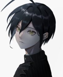 Rule 34 | 1boy, absurdres, ahoge, black hair, brown eyes, closed mouth, danganronpa (series), danganronpa v3: killing harmony, from side, hair between eyes, highres, jacket, looking at viewer, looking to the side, male focus, portrait, saihara shuichi, shiny skin, short hair, simple background, solo, striped clothes, striped jacket, tabun wan paku shonen, white background