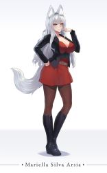Rule 34 | animal ears, belt, black footwear, black jacket, blazer, boots, borrowed character, brown belt, character name, cross-laced footwear, dress, ehrrr, green eyes, highres, jacket, knee boots, lace-up boots, looking at viewer, original, pantyhose, ponytail, red dress, smile, solo, white background, white hair, wolf, wolf ears