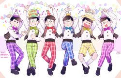 Rule 34 | 10s, 2016, 6+boys, :&gt;, ^ ^, bad id, bad pixiv id, birthday, black hair, bow, bowtie, brothers, brown eyes, bunting, candle, closed eyes, confetti, crown, dated, grin, happy birthday, hat, male focus, matsuno choromatsu, matsuno ichimatsu, matsuno jyushimatsu, matsuno karamatsu, matsuno osomatsu, matsuno todomatsu, mery (yangmalgage), multiple boys, one eye closed, open mouth, osomatsu-kun, osomatsu-san, osomatsu (series), pants, party hat, pennant, plaid, plaid pants, plaid shorts, sextuplets, shorts, siblings, smile, string of flags, top hat