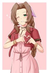 Rule 34 | 1girl, ;), absurdres, aerith gainsborough, artist name, bracelet, braid, brown hair, collarbone, commentary, cropped jacket, dress, english commentary, final fantasy, final fantasy vii, final fantasy vii remake, green eyes, hair intakes, hair ribbon, heart, heart hands, highres, jacket, jewelry, long hair, looking at viewer, one eye closed, outline, parted lips, pink background, pink dress, pink ribbon, raion (raionart), red jacket, ribbon, short sleeves, simple background, single braid, smile, solo, very long hair, white outline