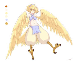 Rule 34 | 1girl, animal ears, awaiyuhi, bare shoulders, bird ears, bird legs, bird tail, blonde hair, blue hairband, commentary request, feathered wings, feathers, hairband, highres, midriff, navel, original, pelvic curtain, short hair, simple background, smile, solo, tail, talons, twitter username, white background, winged arms, wings, yellow eyes, yellow feathers, yellow wings