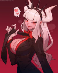 Rule 34 | 1girl, absurdres, artist name, black necktie, blunt bangs, blush, breasts, breath, cleavage, eyelashes, fingernails, formal, gloves, gradient background, heart, helltaker, highres, horns, large breasts, long eyelashes, long fingernails, long hair, lucifer (helltaker), mole, mole under eye, necktie, open mouth, reagan long, red background, red eyes, sharp fingernails, shiny skin, silver hair, smile, solo, speech bubble, spoken heart, suit, sweat, tongue, undressing, very long fingernails, white gloves, white horns