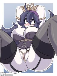 Rule 34 | 1girl, ahoge, arms up, ass, bdsm, black thighhighs, blue background, bondage, border, bound, breasts, bursting breasts, closed mouth, corset, creatures (company), dankodeadzone, game freak, garter straps, hair between eyes, hairband, heart, heart-shaped pupils, hex maniac (pokemon), highres, huge ass, large breasts, long hair, looking up, nintendo, no panties, partially visible vulva, pokemon, pokemon xy, purple eyes, purple hair, shibari, skindentation, smile, solo, spread legs, symbol-shaped pupils, thighhighs, uncensored, wavy mouth, white border