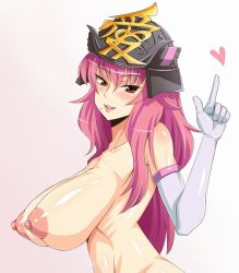 Rule 34 | 1girl, breasts, elbow gloves, female focus, gloves, heart, helm, helmet, huge breasts, kami koppu, large areolae, lips, long hair, mole, nipples, nude, onegai! ranking, onegai pink, pink hair, pointy breasts, profile, puffy nipples, red eyes, sagging breasts, simple background, solo, standing, upper body, white background, white gloves