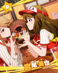 Rule 34 | 10s, 2girls, :t, brown eyes, brown hair, card (medium), character name, cup, drinking glass, drinking straw, dutch angle, employee uniform, fast food uniform, feeding, food, ice, ice cube, idolmaster, idolmaster million live!, indoors, jpeg artifacts, light smile, long hair, miyao miya, multiple girls, official art, oven, pizza, pizza delivery, pizza slice, profile, star (symbol), table, tenkuubashi tomoka, uniform, visor cap