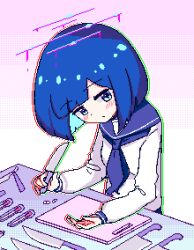 Rule 34 | 1girl, aqua eyes, aqua hair, arm rest, blood, blue hair, blue neckerchief, blue sailor collar, blunt bangs, blush, bob cut, chibikki, choker, closed mouth, colored inner hair, commentary, cutting board, dot mouth, dot nose, drugs, gradient background, head tilt, holding, holding knife, kitchen, kitchen knife, knife, long sleeves, looking at viewer, multicolored hair, nanako (chibikki), neckerchief, original, pink background, pink blood, pixel art, sailor collar, school uniform, self-harm, serafuku, shirt, short hair, simple background, solo, table, two-tone hair, white serafuku, white shirt, wrist cutting