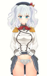 Rule 34 | 1girl, absurdres, beret, blue eyes, blue skirt, breasts, clothes lift, cowboy shot, epaulettes, frilled sleeves, frills, gloves, hat, highres, jacket, kantai collection, kashima (kancolle), kerchief, lace, lace panties, large breasts, lifted by self, long sleeves, military, military jacket, military uniform, miniskirt, momonyadayo, neckerchief, panties, pleated skirt, red neckerchief, sidelocks, skirt, skirt lift, solo, standing, tsurime, twintails, underwear, uniform, wavy hair, white gloves, white hair, white jacket, white panties