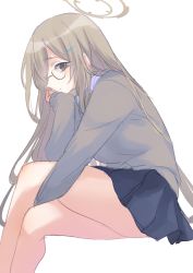 Rule 34 | 1girl, akane (blue archive), blue archive, blue skirt, breasts, brown eyes, brown hair, crossed legs, from side, glasses, hair ornament, hairclip, halo, head rest, highres, invisible chair, kyuuri (miyako), long hair, long sleeves, pleated skirt, profile, simple background, sitting, sketch, skirt, solo, very long hair, white background