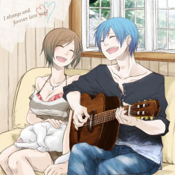 Rule 34 | 1boy, 1girl, acoustic guitar, bad id, bad pixiv id, bare shoulders, blue hair, breasts, brown hair, cat, cleavage, closed eyes, couch, couple, daico, english text, guitar, happy, hetero, instrument, kaito (vocaloid), meiko (vocaloid), short hair, shorts, sitting, smile, vocaloid