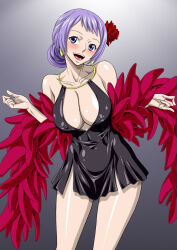 Rule 34 | 1girl, black dress, blue eyes, blush, breasts, carina (one piece), cleavage, covered erect nipples, dress, earrings, female focus, flower, highres, jewelry, large breasts, long legs, looking at viewer, nel-zel formula, one piece, one piece film: gold, open mouth, purple hair, rose, shiny skin, short hair