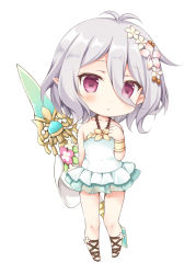 Rule 34 | 1girl, :o, antenna hair, arm behind back, bare shoulders, brown footwear, casual one-piece swimsuit, collarbone, covered navel, eyes visible through hair, flower, frilled swimsuit, frills, full body, hair between eyes, hair flower, hair ornament, halterneck, hand up, highres, kokkoro (princess connect!), kokkoro (summer) (princess connect!), korie riko, one-piece swimsuit, parted lips, pink flower, pointy ears, polearm, princess connect!, purple eyes, sandals, see-through, silver hair, simple background, solo, spear, standing, swimsuit, weapon, white background, white flower, white one-piece swimsuit