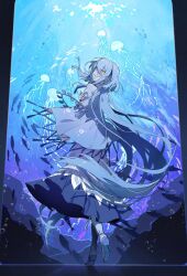 Rule 34 | 1girl, absurdly long hair, air bubble, blue dress, blue footwear, blue hair, blue theme, bubble, cape, dress, expressionless, fish, from side, full body, hair between eyes, highres, jellyfish, long dress, long hair, looking at viewer, original, purple nails, shaft look, snowcake47, solo, underwater, very long hair, yellow eyes
