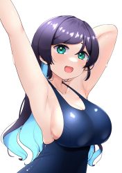 Rule 34 | 1girl, :d, aqua eyes, arched back, arm behind head, armpits, arms up, blush, breasts, cleavage, colored inner hair, competition school swimsuit, from side, hair down, halterneck, highres, kooei, large breasts, long hair, looking at viewer, love live!, love live! school idol project, multicolored hair, one-piece swimsuit, open mouth, parted bangs, purple hair, school swimsuit, sideboob, simple background, smile, solo, swept bangs, swimsuit, tojo nozomi, undersized breast cup, undersized clothes, upper body, white background