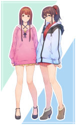 Rule 34 | 2girls, ankle strap, aqua background, arms at sides, black footwear, blue background, blue eyes, blue jacket, blunt bangs, border, brown eyes, brown footwear, brown hair, closed mouth, collarbone, collared shirt, commentary request, criss-cross halter, drawstring, dress shirt, full body, hair between eyes, hair ribbon, hairband, halterneck, high heels, high ponytail, highres, hood, hood down, hooded jacket, hoodie, idolmaster, idolmaster million live!, jacket, jewelry, light blush, long hair, long sleeves, looking at viewer, multicolored background, multiple girls, nanaran, outline, partially unzipped, pendant, pink hoodie, pocket, ponytail, red ribbon, red shirt, ribbon, satake minako, shirt, shoes, short hair, side-by-side, sidelocks, sleeves past wrists, smile, standing, tanaka kotoha, white background, white border, white outline, yellow hairband