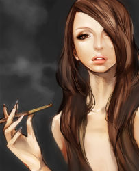 Rule 34 | 1girl, brown eyes, brown hair, censored, cigarette holder, convenient censoring, hair over breasts, hair over one eye, hitowa, lips, long hair, nude, original, sketch, solo