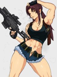 Rule 34 | 1girl, abs, black lagoon, breasts, brown eyes, cigarette, female focus, finger on trigger, gloves, grey background, gun, hand on own head, highres, muscular, muscular female, no panties, purple hair, revy (black lagoon), short shorts, shorts, simple background, smile, solo, tank top, tattoo, twitter, twitter username, weapon, yoracrab