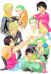 Rule 34 | 3boys, black hair, blonde hair, formal, green hair, hair over one eye, haramaki, hat, highres, long sleeves, male focus, monkey d. luffy, multiple boys, multiple persona, necktie, one-eyed, one piece, open clothes, open shirt, red shirt, robe, roronoa zoro, sanji (one piece), sash, scar, shirt, shorts, sitting, smile, stampede string, straw hat, suit, t-shirt, tank top, vest, aged down