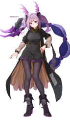 Rule 34 | 1girl, absurdres, aqua nails, arknights, bat wings, black coat, black dress, black footwear, black pantyhose, boots, breasts, brown scarf, character name, closed mouth, coat, commentary, dress, expressionless, full body, head wings, high heel boots, high heels, highres, kafeifeifeifeifeifei jiemo jun, long hair, looking at viewer, manticore (arknights), manticore (invisible dirge) (arknights), medium breasts, nail polish, official alternate costume, open clothes, open coat, pantyhose, purple eyes, scarf, scorpion tail, see-through, see-through sleeves, short dress, simple background, solo, tail, twintails, white background, wings