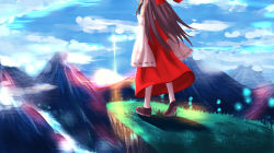 Rule 34 | 1girl, @fatethm, alternate hair length, alternate hairstyle, bad id, bad pixiv id, blue sky, bow, brown footwear, brown hair, cliff, cloud, day, detached sleeves, from behind, grass, hair bow, hakurei reimu, head out of frame, highres, light particles, light trail, long hair, long skirt, mountain, red skirt, ribbon-trimmed sleeves, ribbon trim, river, scenery, shoes, skirt, sky, sleeveless, solo, sun, sunburst, sunlight, touhou, very long hair, walking, water, wide sleeves, wind