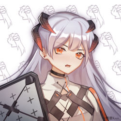 Rule 34 | 1girl, arknights, artist name, black choker, chest strap, choker, commentary, dragon horns, earrings, frown, graykn, highres, horns, jewelry, long hair, looking at viewer, lower teeth only, navel, open mouth, orange eyes, saria (arknights), shield, shirt, silver hair, solo, stud earrings, teeth, upper body, white background, white shirt