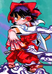 Rule 34 | 1girl, aqua background, belt, black hair, blush stickers, bow, closed mouth, clothing request, detached sleeves, fighting stance, gohei, hair bow, hair tubes, hakurei reimu, highres, holding, holding paper, inuyama konan, japanese clothes, long hair, looking at viewer, ofuda, paper, ponytail, red belt, red bow, ribbon-trimmed sleeves, ribbon trim, sidelocks, simple background, slippers, solo, touhou, white sleeves, wide sleeves