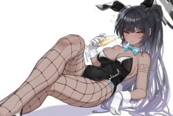 Rule 34 | 1girl, absurdres, animal ears, aqua bow, aqua bowtie, black hair, blue archive, blue bow, blue bowtie, blush, bow, bowtie, breasts, commentary, cup, dark-skinned female, dark skin, detached collar, drinking glass, embarrassed, fake animal ears, fishnet pantyhose, fishnets, gloves, high ponytail, highres, karin (blue archive), karin (bunny) (blue archive), leotard, long hair, medium breasts, pantyhose, playboy bunny, pomp (qhtjd0120), rabbit ears, rabbit tail, skindentation, solo, symbol-only commentary, traditional bowtie, very long hair, yellow eyes