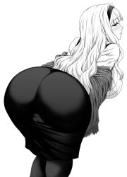 Rule 34 | 1girl, ass, bent over, blush, breasts, cameltoe, greyscale, hairband, highres, hip focus, huge ass, idolmaster, idolmaster (classic), keke (kekekue), large breasts, long hair, looking at viewer, looking back, monochrome, parted lips, pencil skirt, shijou takane, sideboob, simple background, skirt, smile, solo, thighs, white background, wide hips