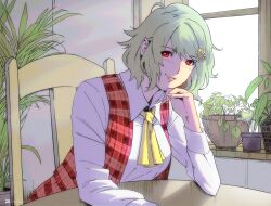 Rule 34 | 1girl, arm rest, ascot, breasts, chair, closed mouth, collared shirt, commentary, day, elbow rest, english commentary, fingernails, flower pot, green hair, hair ornament, hairclip, hand on own chin, hand up, head rest, highres, indoors, kazami yuuka, leaning forward, lips, long sleeves, looking at viewer, medium bangs, medium breasts, medium hair, open clothes, open vest, plaid, plaid vest, plant, potted plant, red eyes, red vest, shirt, sitting, smile, solo, swept bangs, table, touhou, ultragruntyy, upper body, vest, white shirt, window, wing collar, yellow ascot